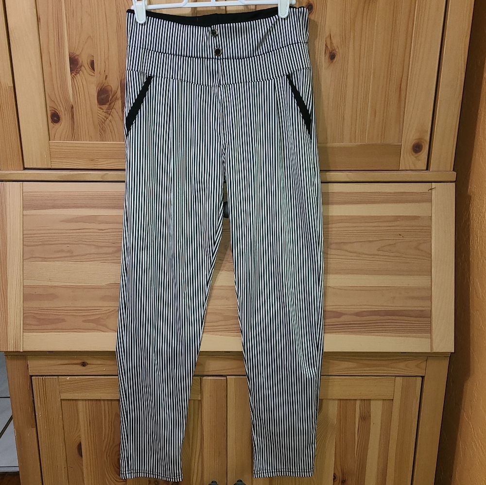 Navy Striped Stretchy Satin Pants